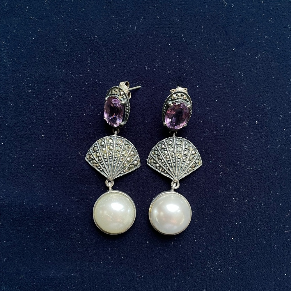 Amethyst, sterling silver and marcasite drop earrings